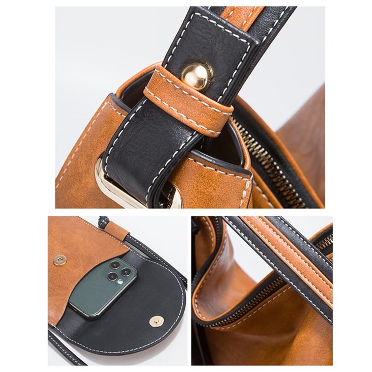 Large Capacity Diagonal Handbags - 4 in 1 Colour Block Leather Bags - Brown 7