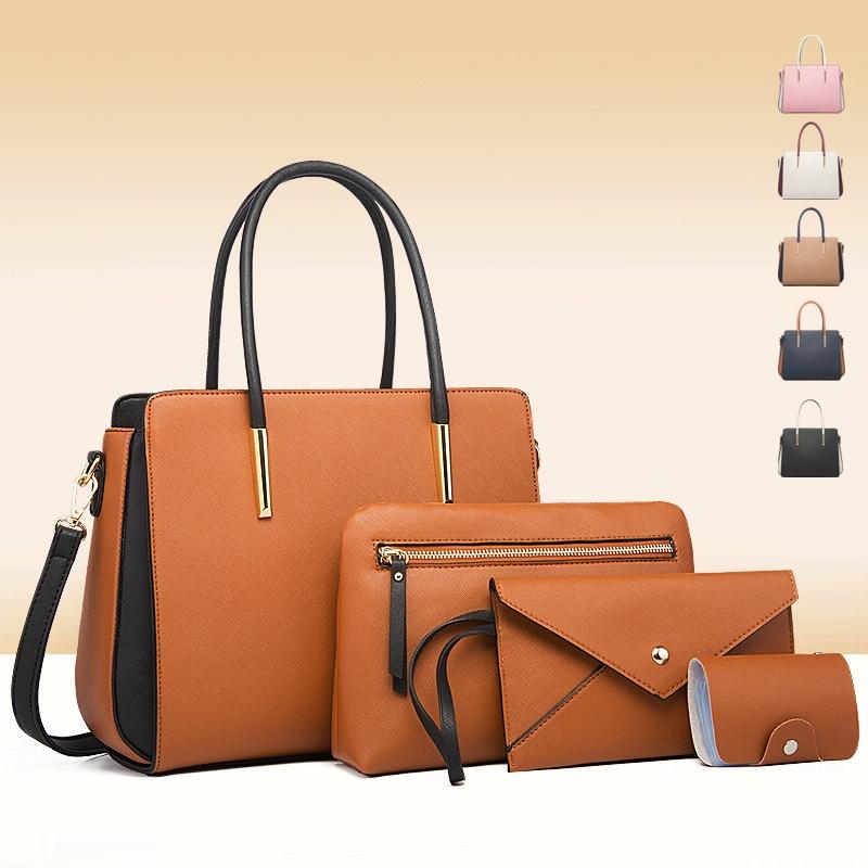 Large Capacity 4-in-1 Messenger Handbag with Fashionable Colour Block Design - Brown 14