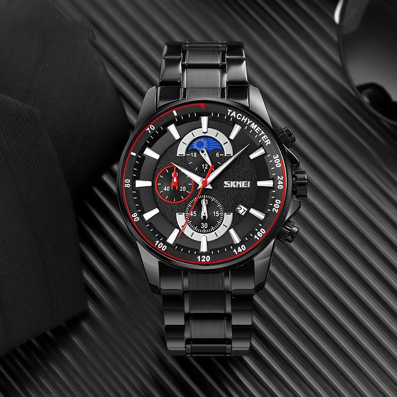 Stainless Steel Men Moonphase Watch with Date - Black 3