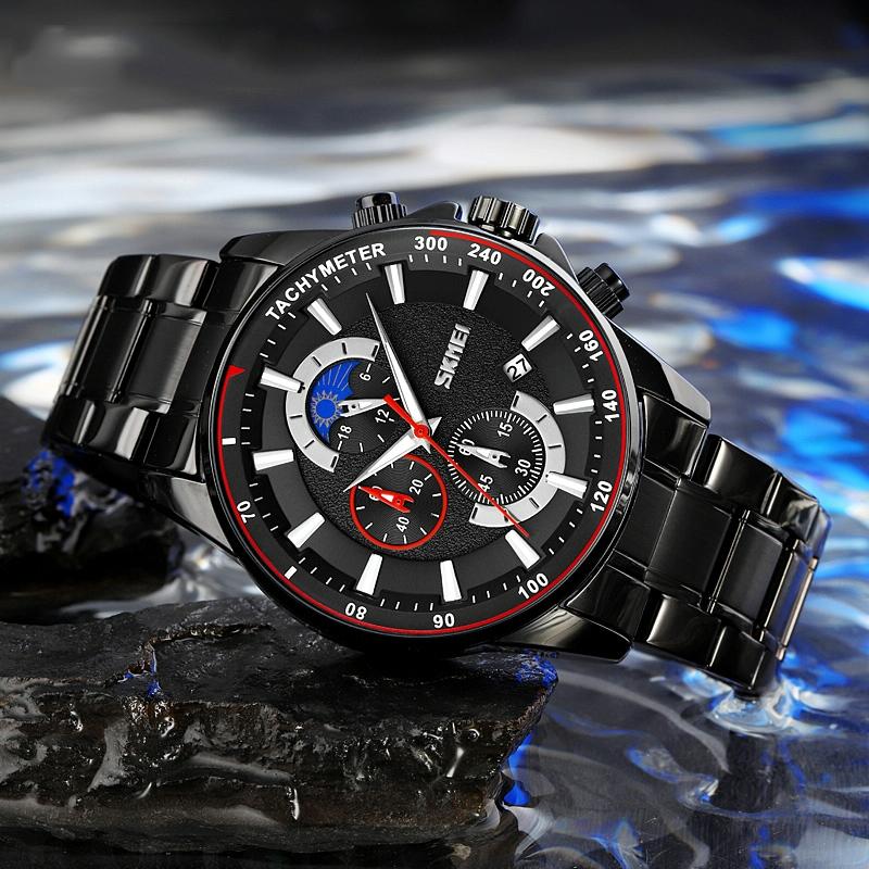 Stainless Steel Men Moonphase Watch with Date - Black 4