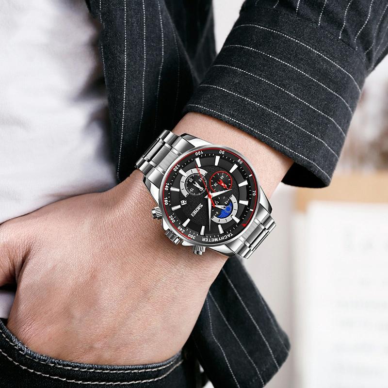 Stainless Steel Men Moonphase Watch with Date - Black 5