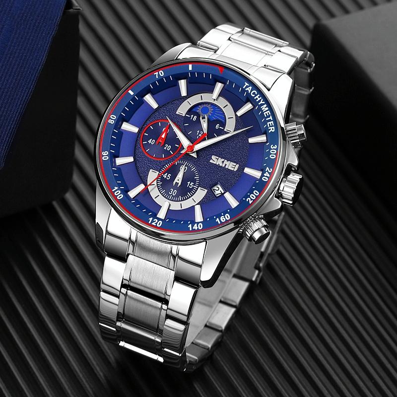Stainless Steel Men Moonphase Watch with Date - Black 9