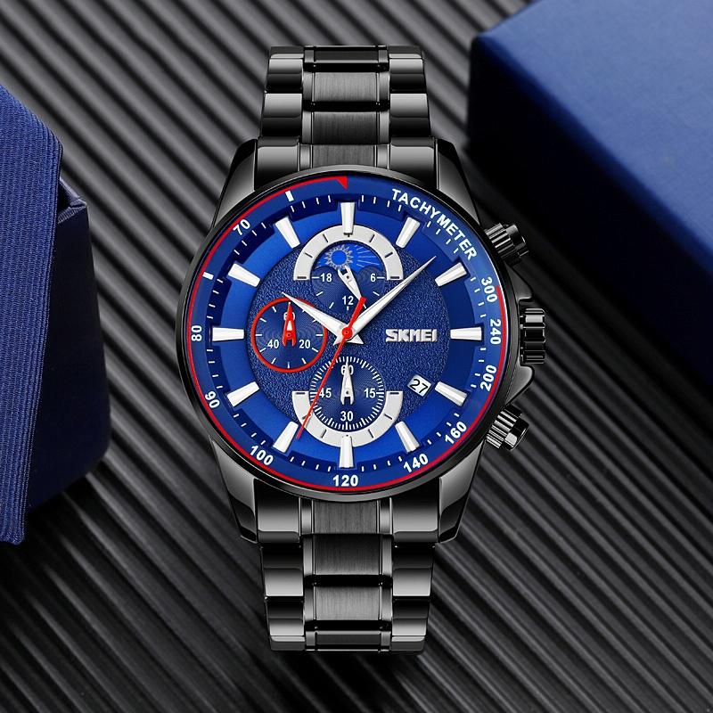 Stainless Steel Men Moonphase Watch with Date - Black 11