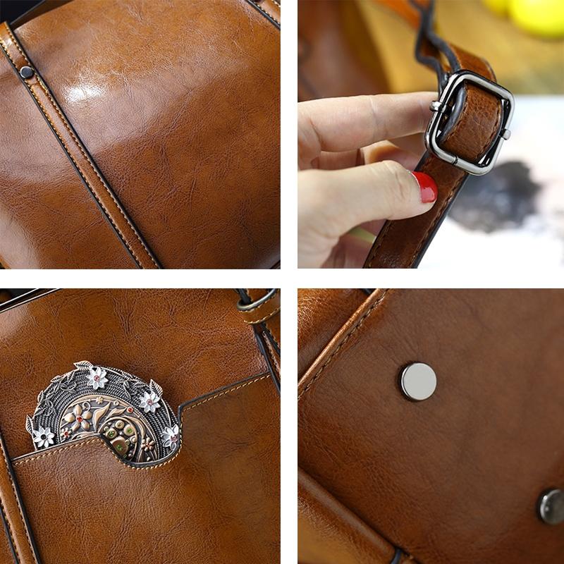 Stylish All-match Leather Handbag - Wax Finish - Black 6