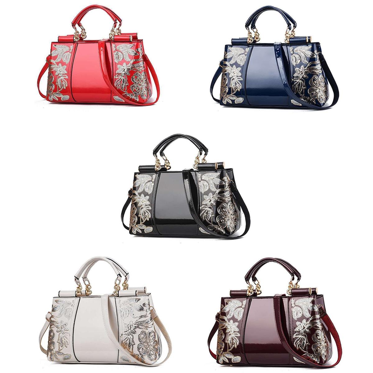 Shiny Leather Handbag with Single-sided Embroidery - Red Wine 3