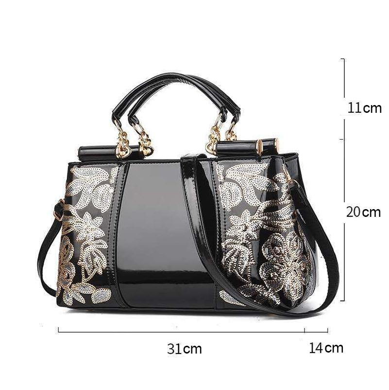Shiny Leather Handbag with Single-sided Embroidery - Red Wine 4