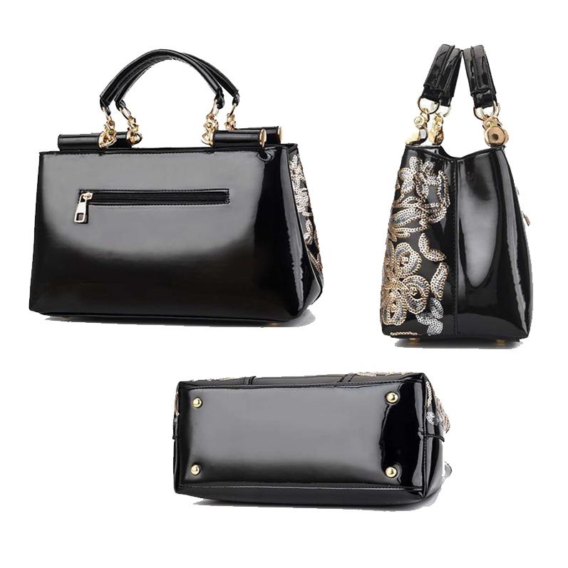 Shiny Leather Handbag with Single-sided Embroidery - Red Wine 5