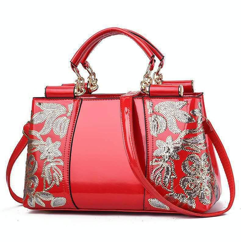 Shiny Leather Handbag with Single-sided Embroidery - Red Wine 9