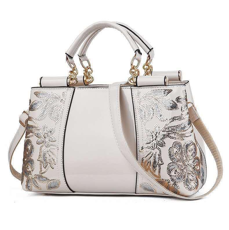 Shiny Leather Handbag with Single-sided Embroidery - Red Wine 10