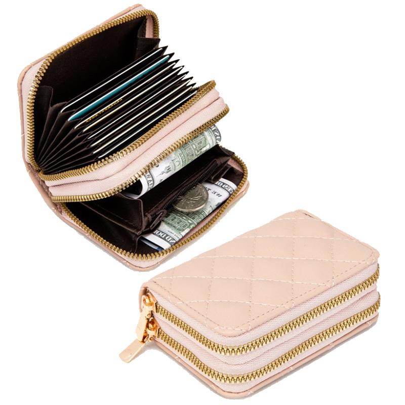 Double Layer Zipper Wallet Multi Card Slot Large Capacity Rhombus Design - Pink 10
