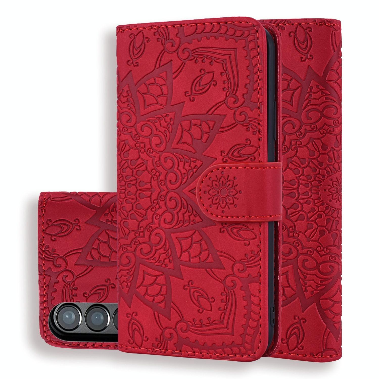 For Samsung Galaxy Z Fold4 5G Dual Fold Mandala Leather Case - Embossed Design - Red 8
