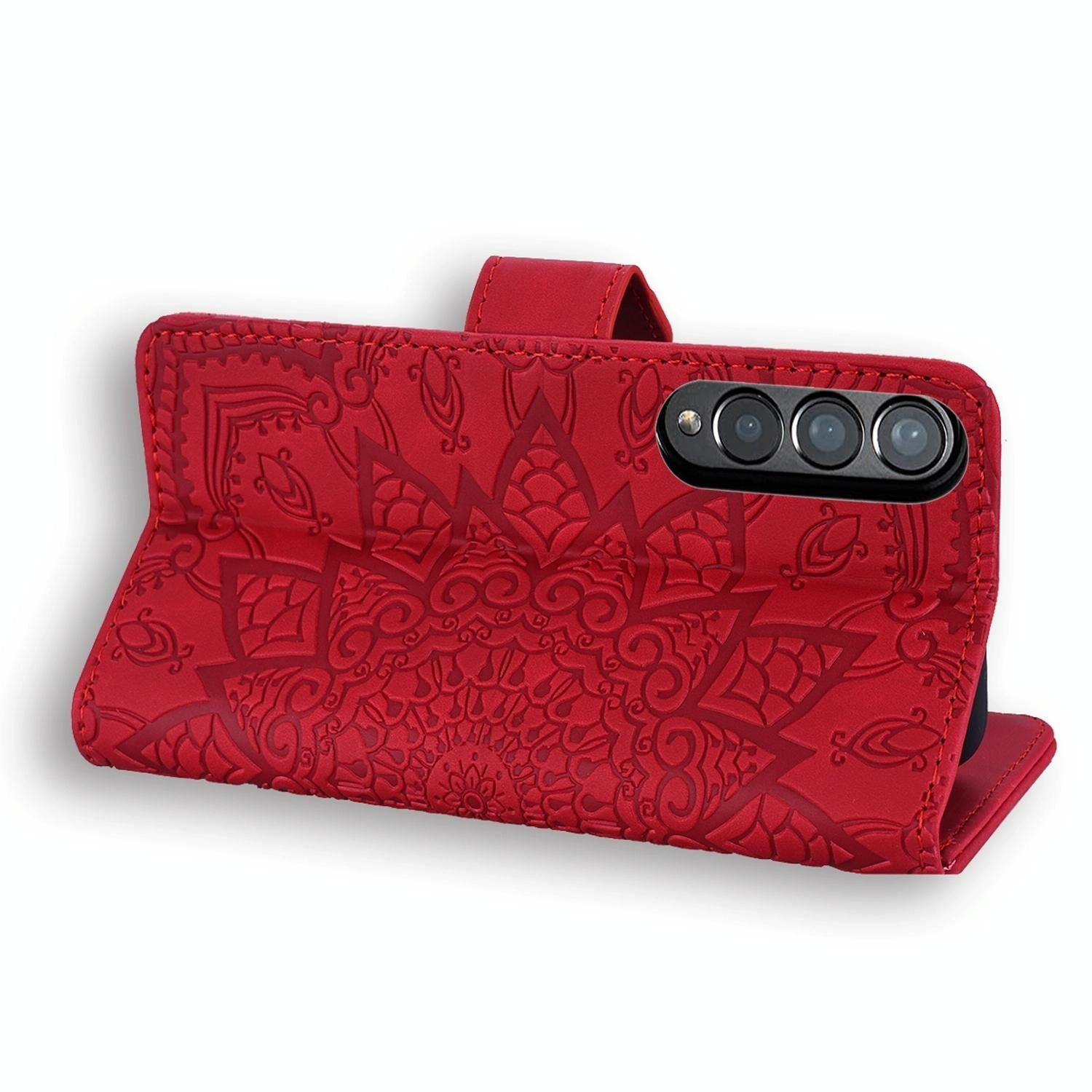 For Samsung Galaxy Z Fold4 5G Dual Fold Mandala Leather Case - Embossed Design - Red 11