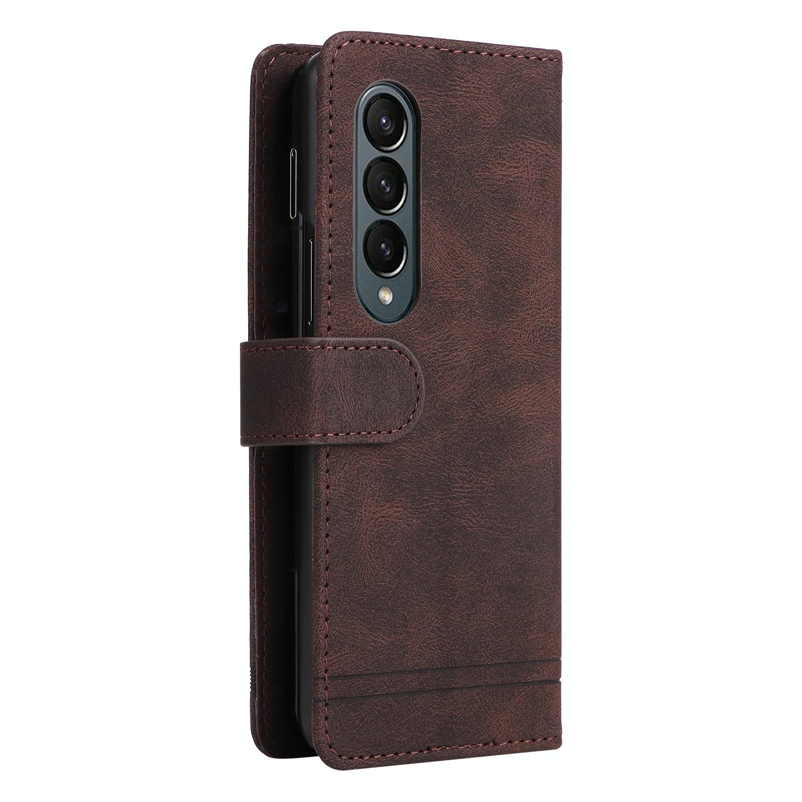 For Samsung Galaxy Z Fold4 5G Metal Button Leather Case - Tree Design - Blue 15