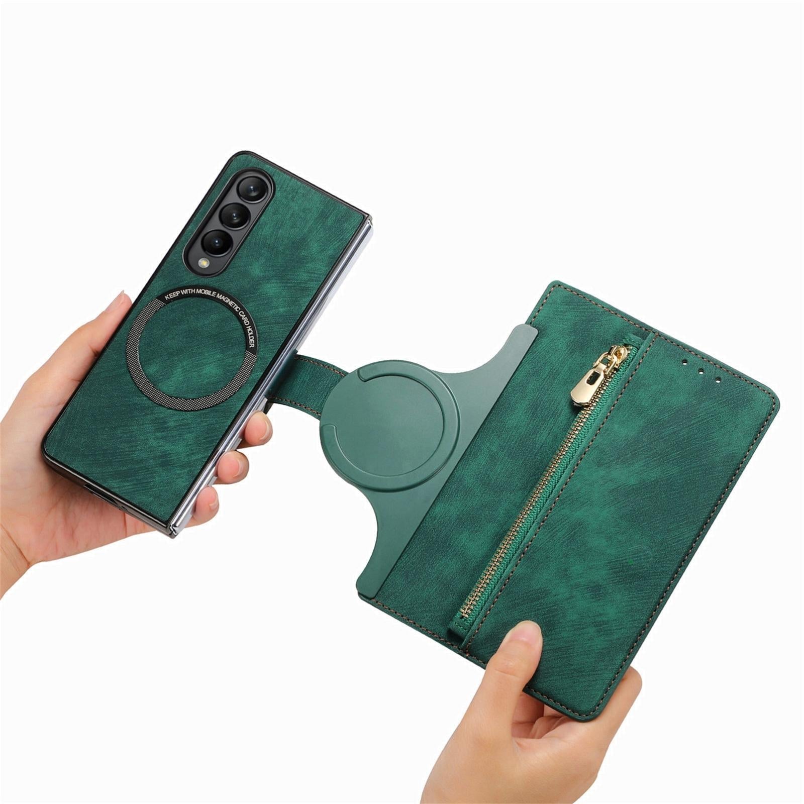 For Samsung Galaxy Z Fold4 5G Vintage Magnetic Wallet Case - Zipper Closure - Purple 6