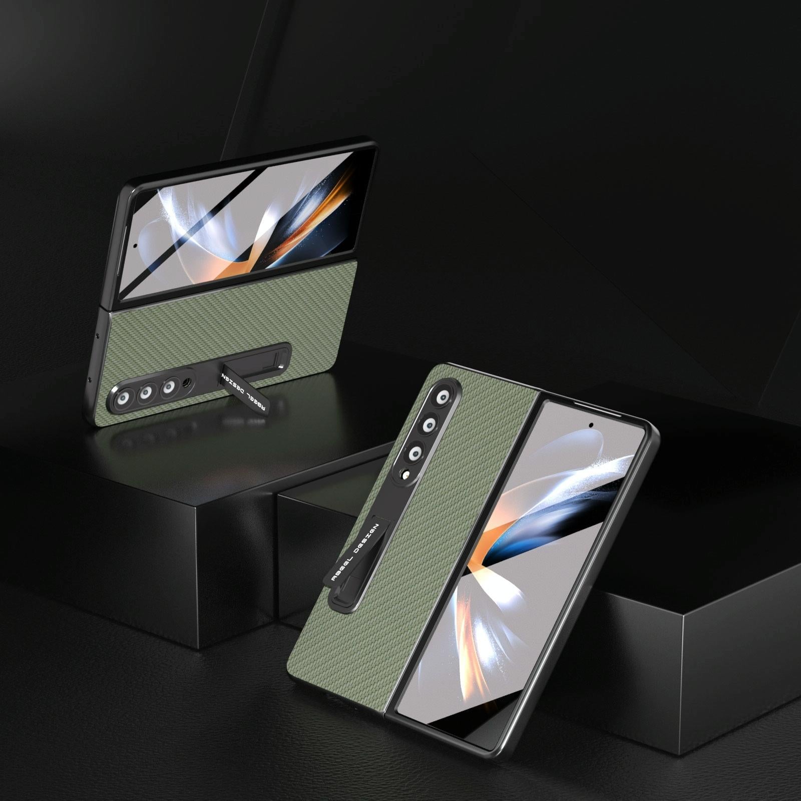 For Samsung Galaxy Z Fold4 5G Carbon Fiber Phone Case With Holder - Gold 4