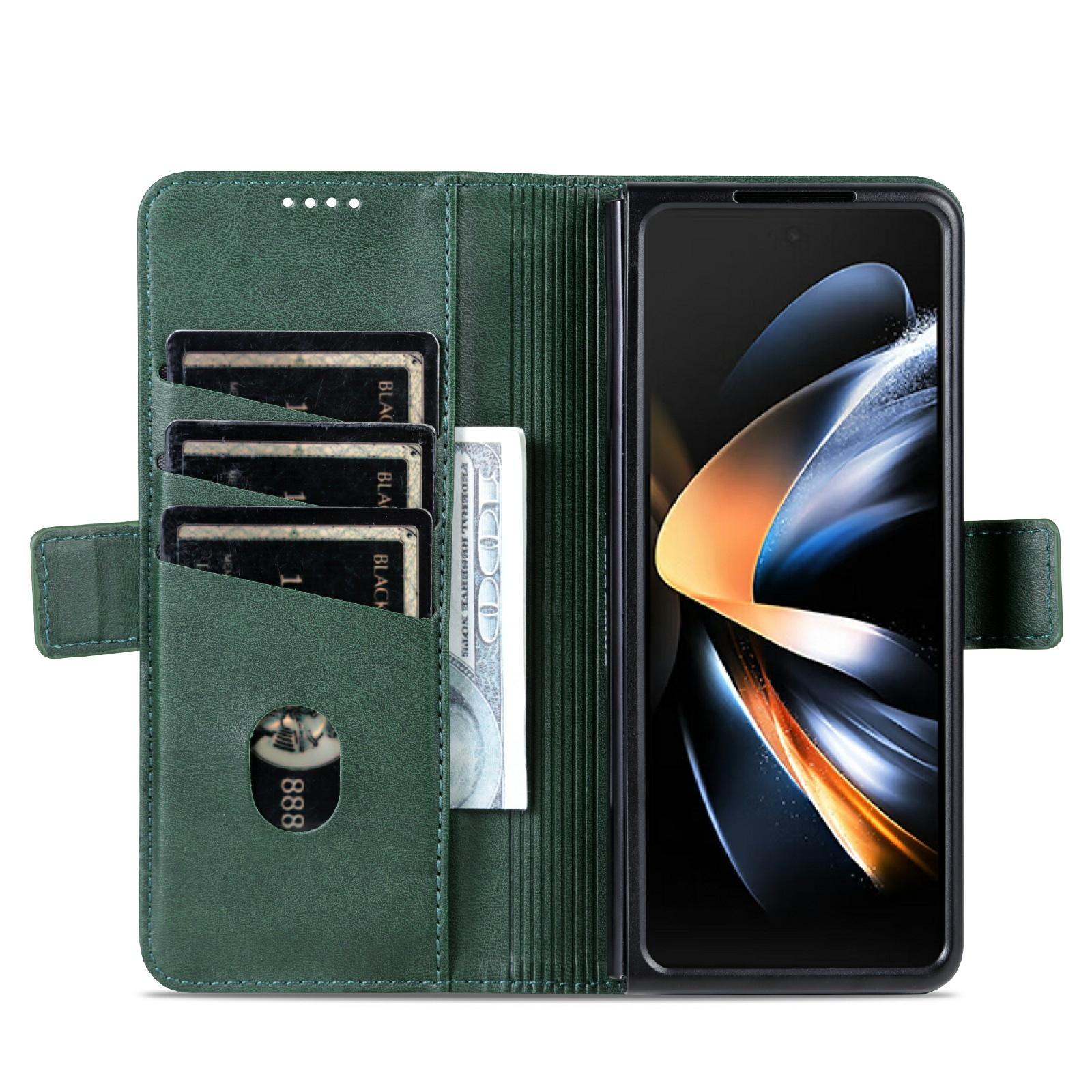 For Samsung Galaxy Z Fold4 5G Leather Magnetic Phone Case - Calf Texture - Dark Blue 4