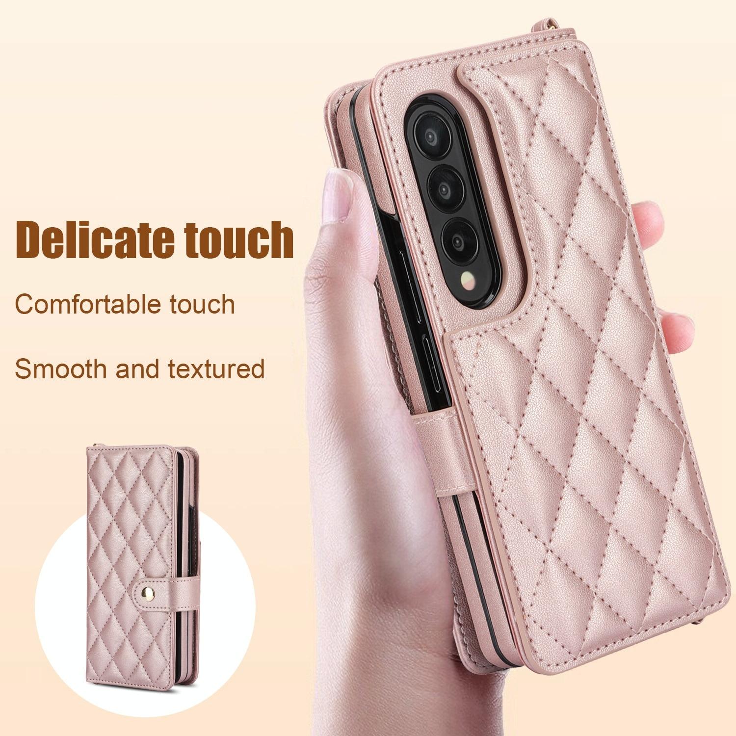 For Samsung Galaxy z Fold4 5G Multifunctional Rhombic Leather Crossbody Phone Case - Purple 4