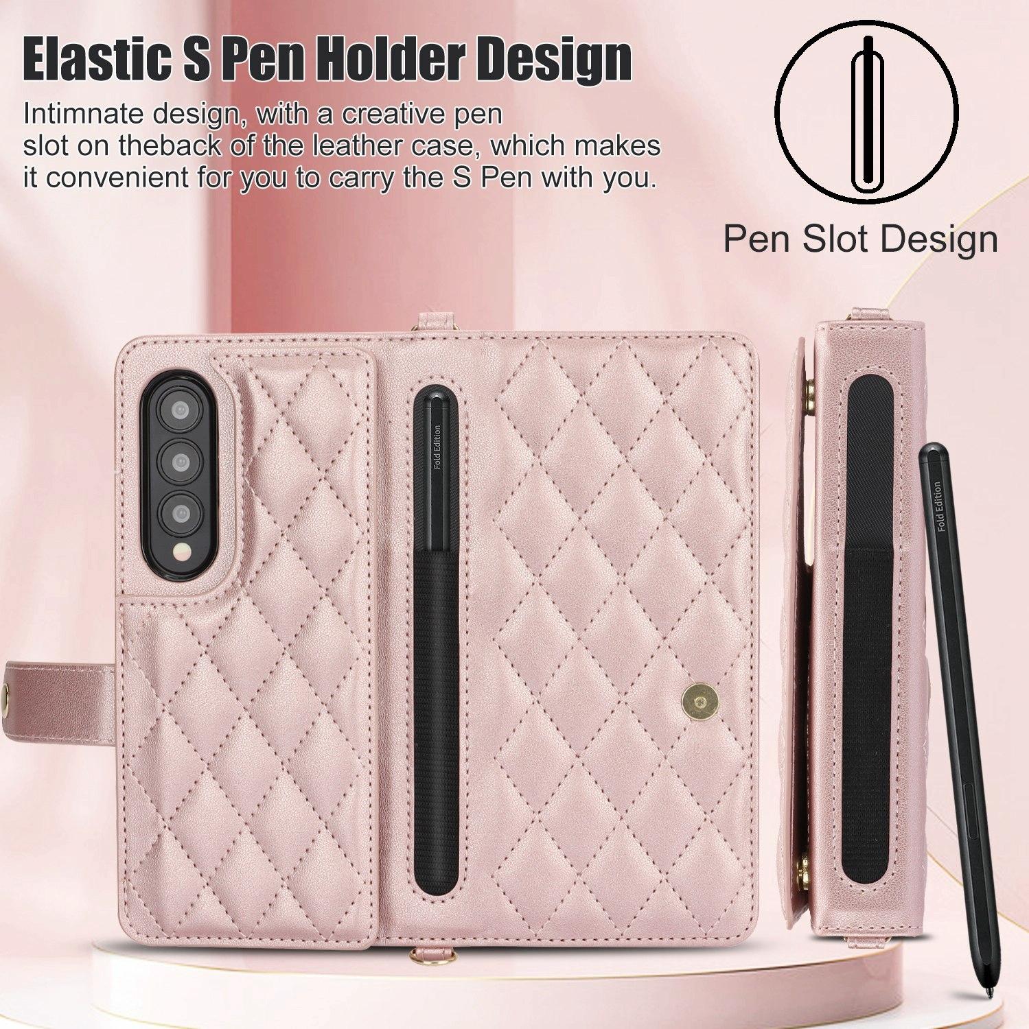 For Samsung Galaxy z Fold4 5G Multifunctional Rhombic Leather Crossbody Phone Case - Purple 7