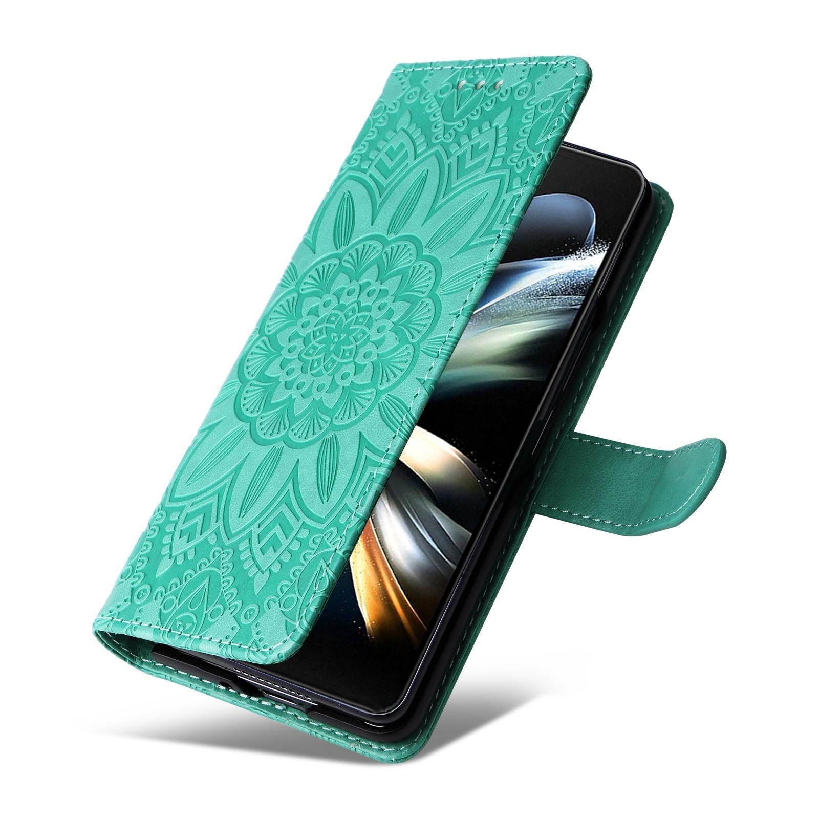 For Samsung Galaxy Z Fold4 5G Sunflower Embossed Leather Phone Case - Rose Gold 7