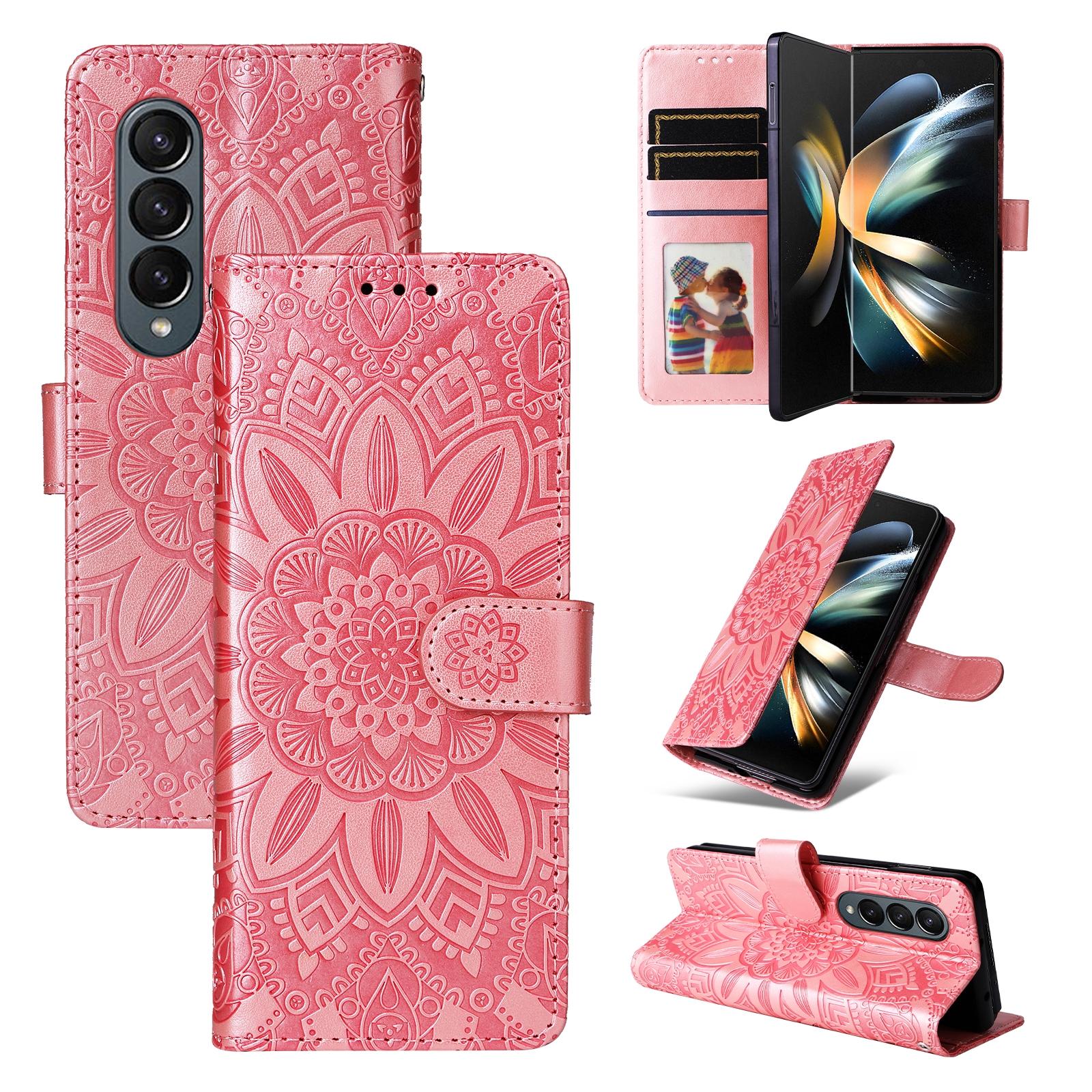 For Samsung Galaxy Z Fold4 5G Sunflower Embossed Leather Phone Case - Rose Gold 14