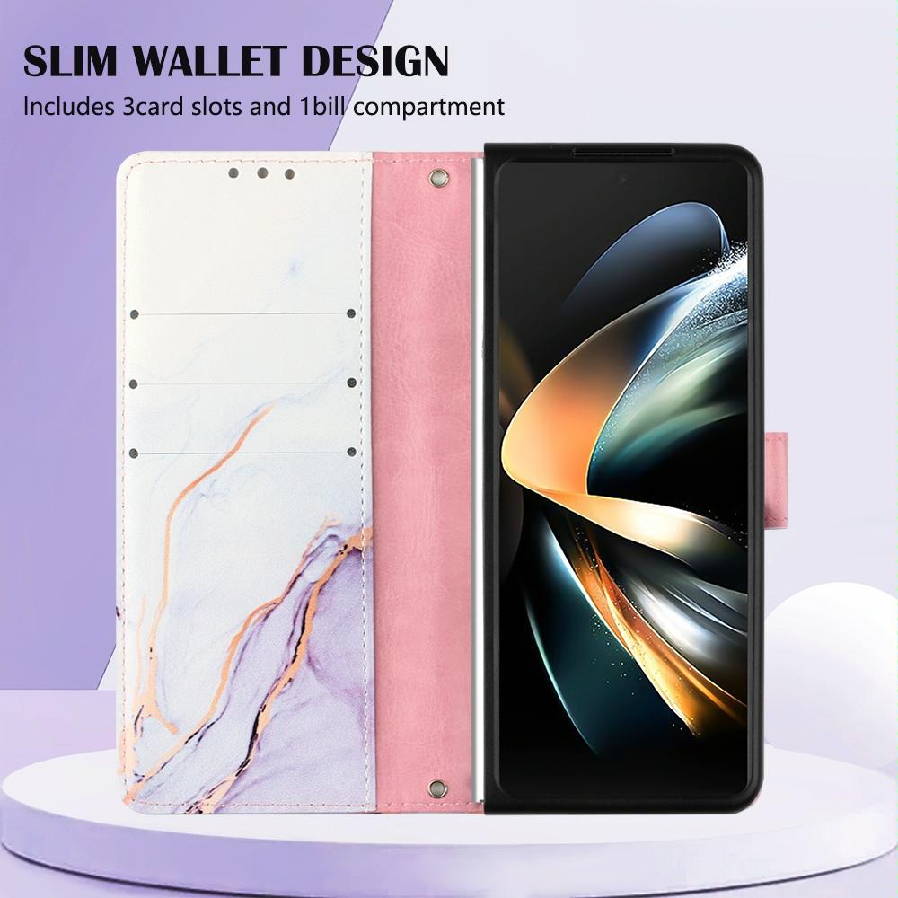 For Samsung Galaxy Z Fold4 5G Marble Leather Flip Case - White Purple Ls006 10
