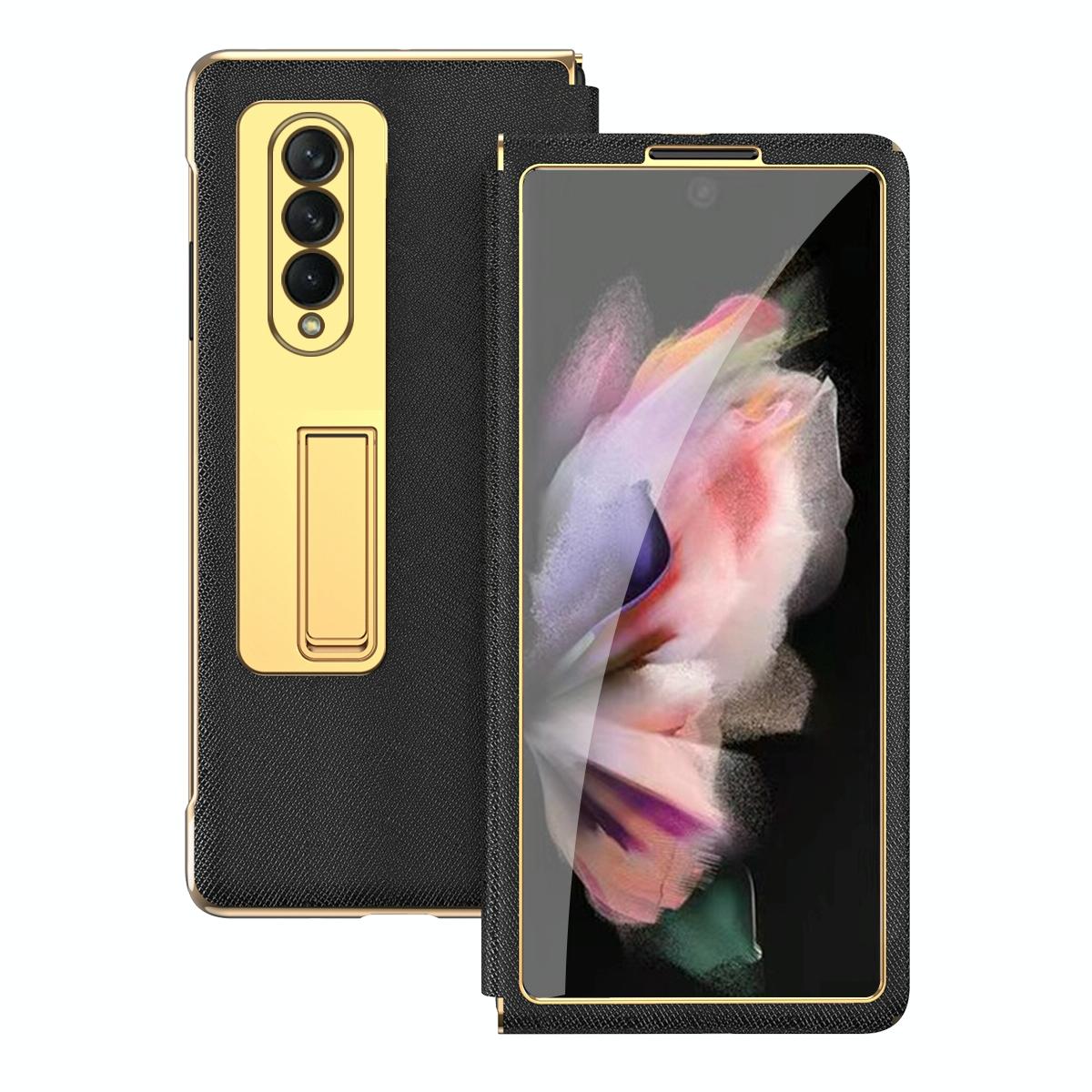 For Samsung Galaxy Z Fold4 5G Flip Case With Tempered Film - Textured Hinge - Cyan 3