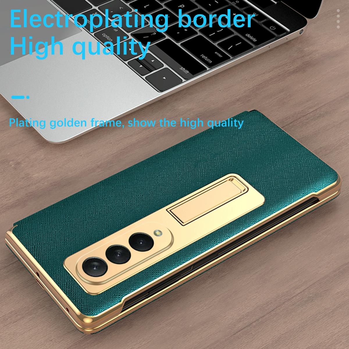 For Samsung Galaxy Z Fold4 5G Flip Case With Tempered Film - Textured Hinge - Cyan 5