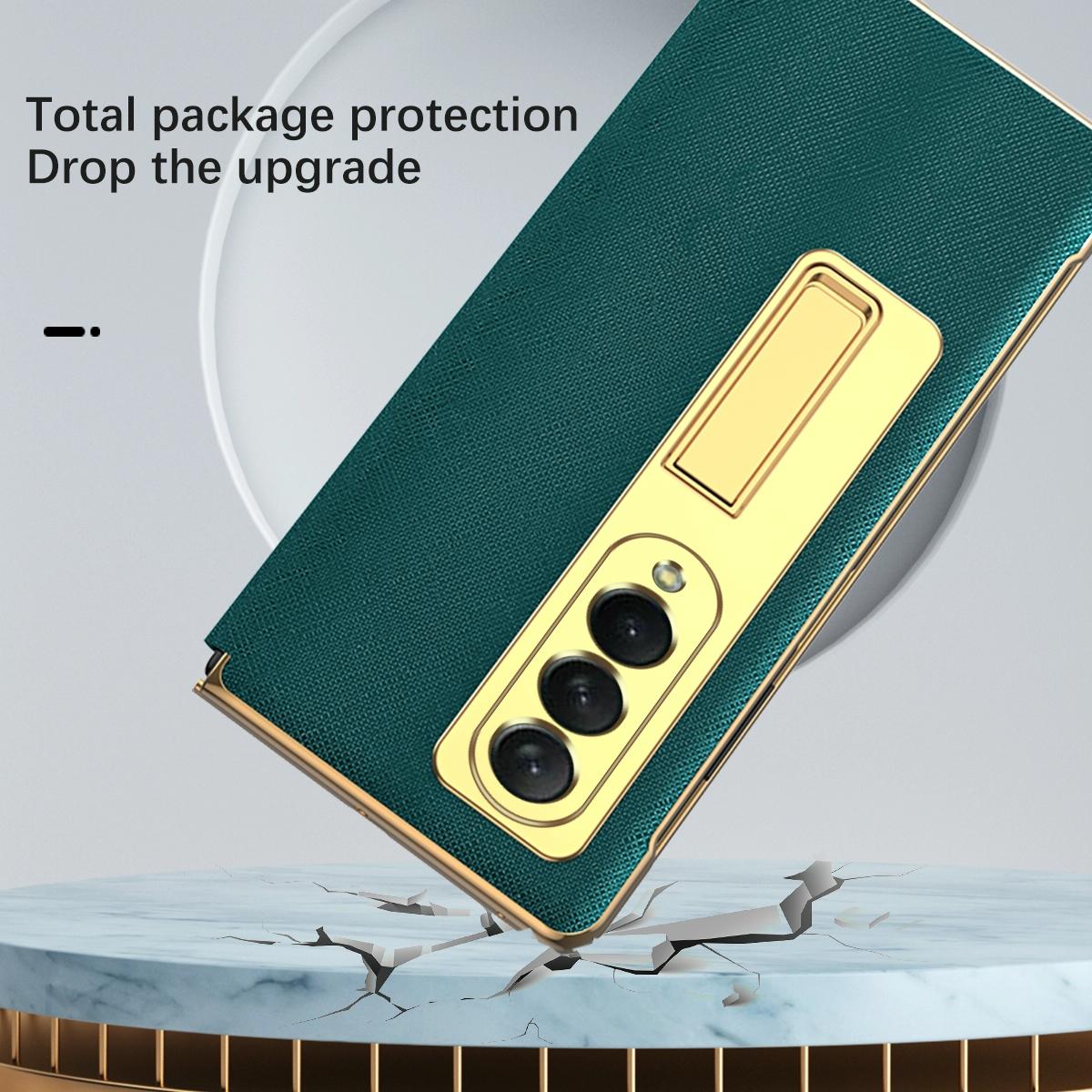 For Samsung Galaxy Z Fold4 5G Flip Case With Tempered Film - Textured Hinge - Cyan 6