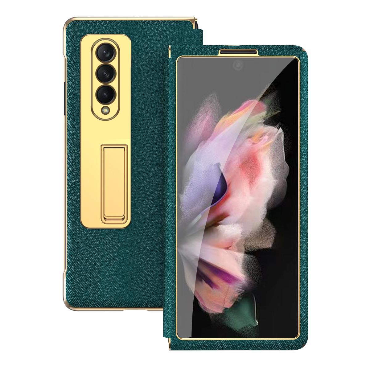 For Samsung Galaxy Z Fold4 5G Flip Case With Tempered Film - Textured Hinge - Cyan 13