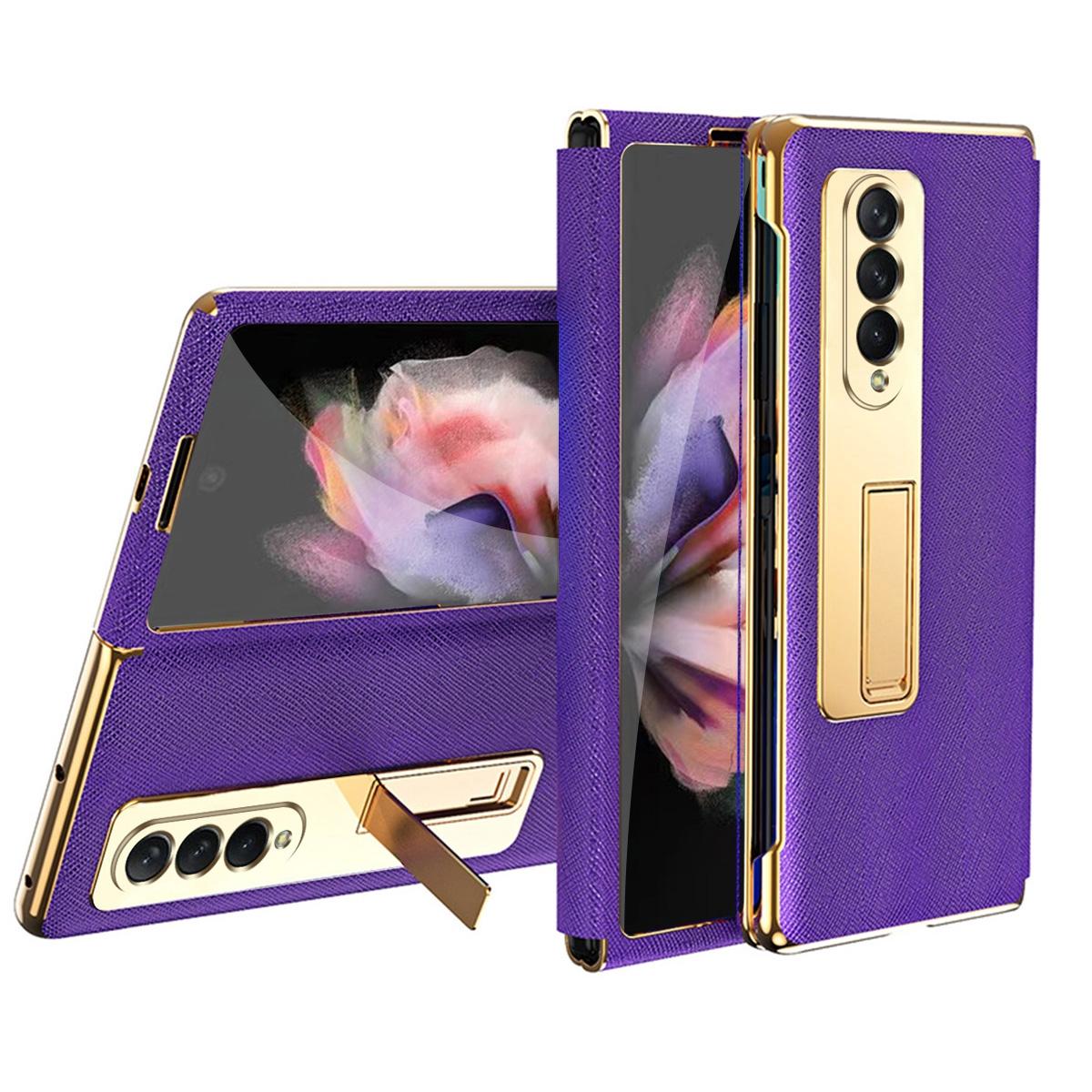 For Samsung Galaxy Z Fold4 5G Flip Case With Tempered Film - Textured Hinge - Cyan 14