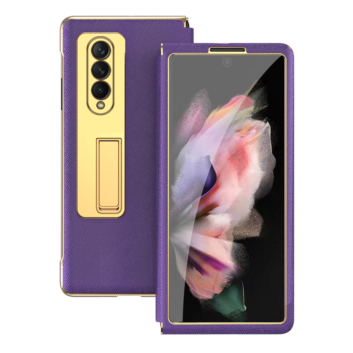 For Samsung Galaxy Z Fold4 5G Flip Case With Tempered Film - Textured Hinge - Cyan 15