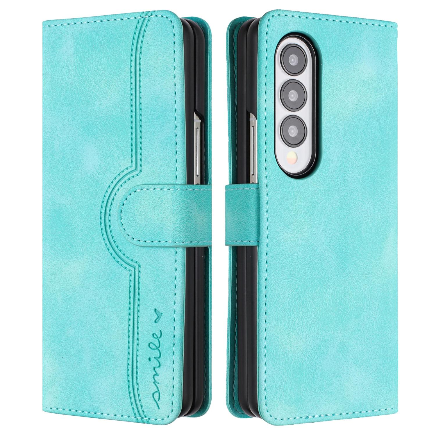 For Samsung Galaxy Z Fold4 5G Leather Phone Case With Heart Pattern - Light Blue