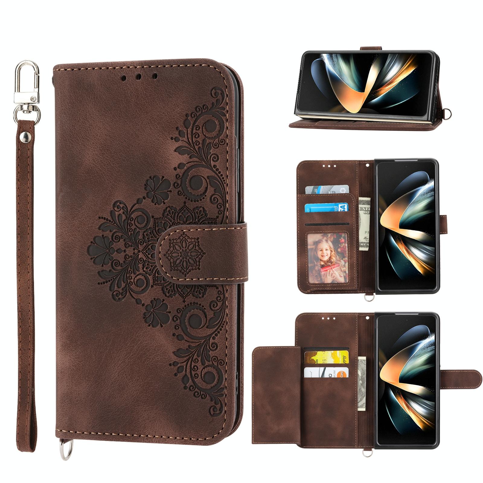 For Samsung Galaxy Z Fold4 5G Floral Leather Phone Wallet - Embossed - Brown