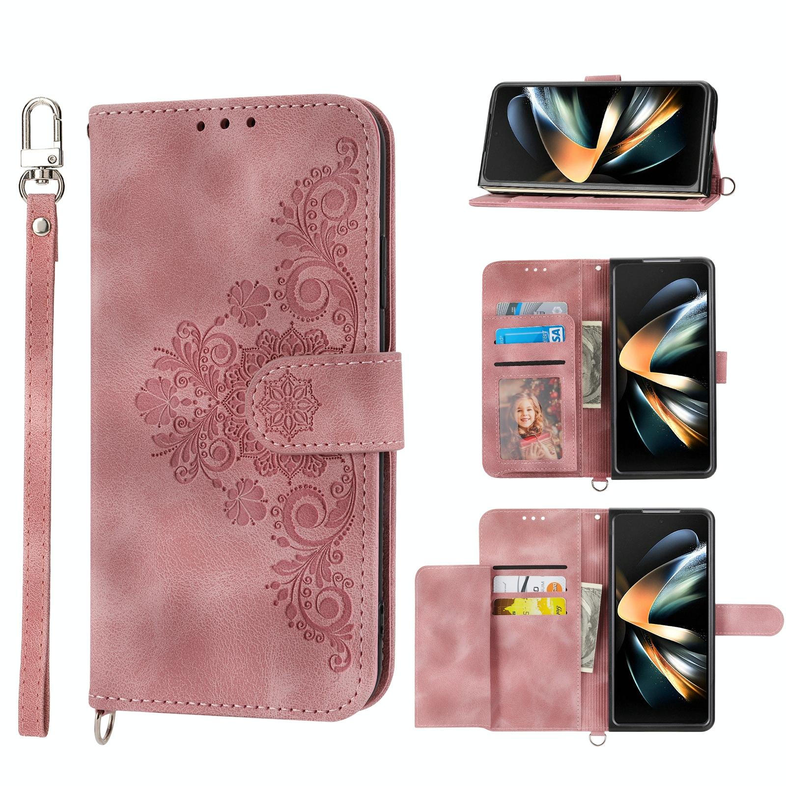 For Samsung Galaxy Z Fold4 5G Floral Leather Phone Wallet - Embossed - Brown