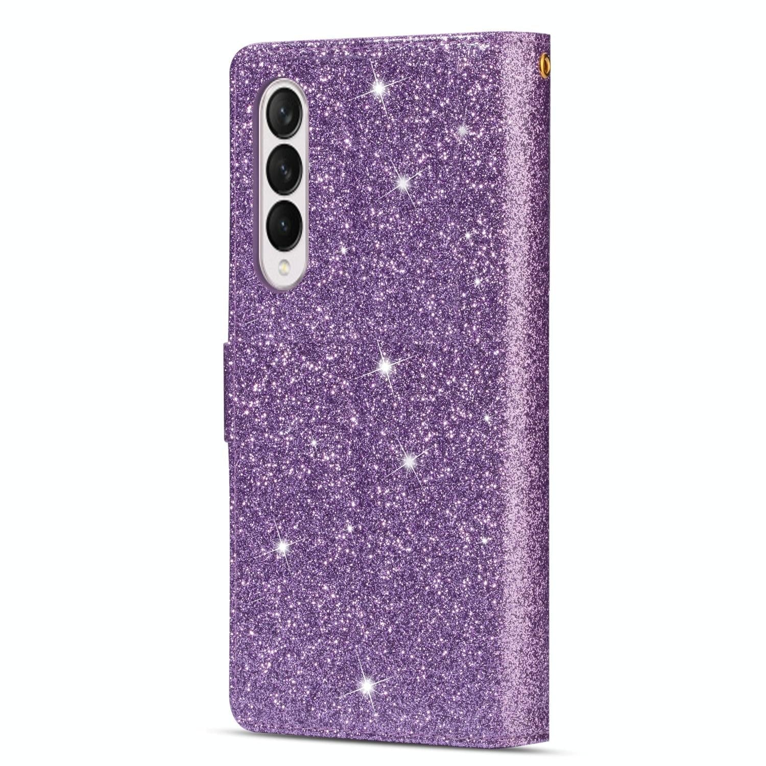 For Samsung Galaxy Z Fold4 5G Sparkling Leather Zip Case - Zipper Closure - Purple 9