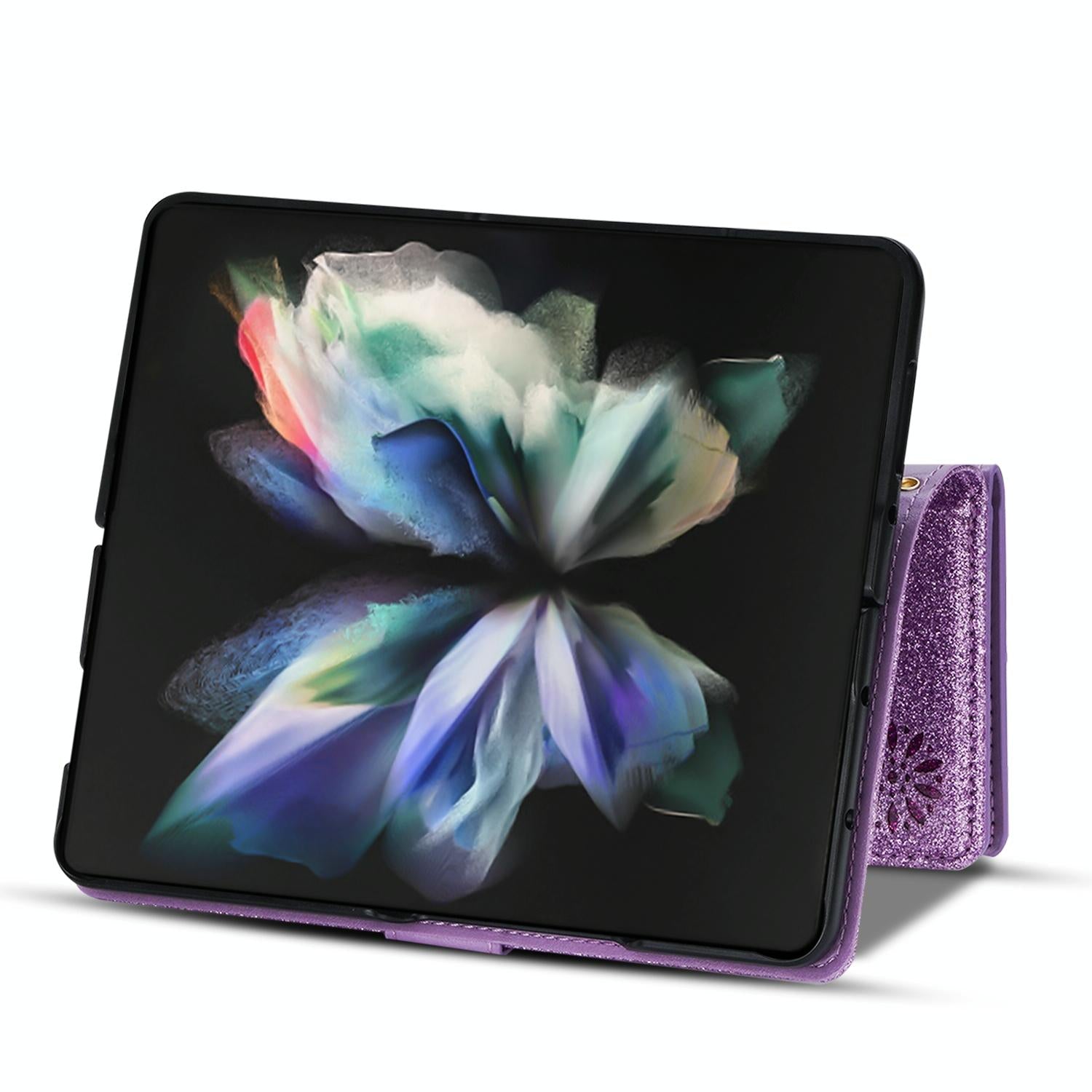 For Samsung Galaxy Z Fold4 5G Sparkling Leather Zip Case - Zipper Closure - Purple 10