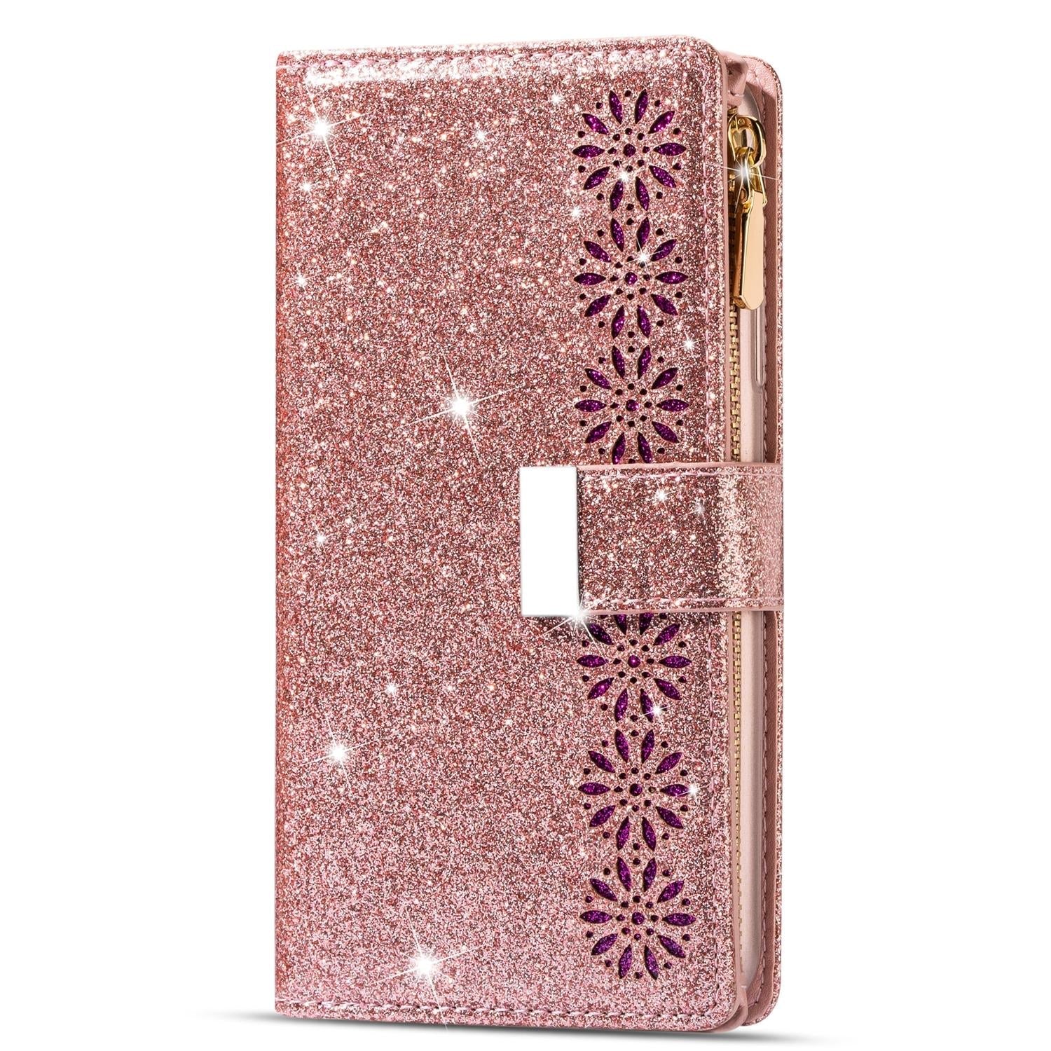 For Samsung Galaxy Z Fold4 5G Sparkling Leather Zip Case - Zipper Closure - Purple 14