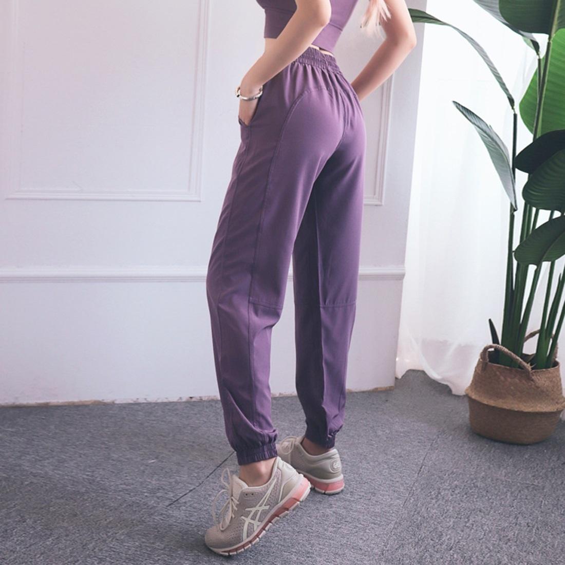 High Waist Drawstring Fitness Pants Black Size L - Smoke Purple L 11