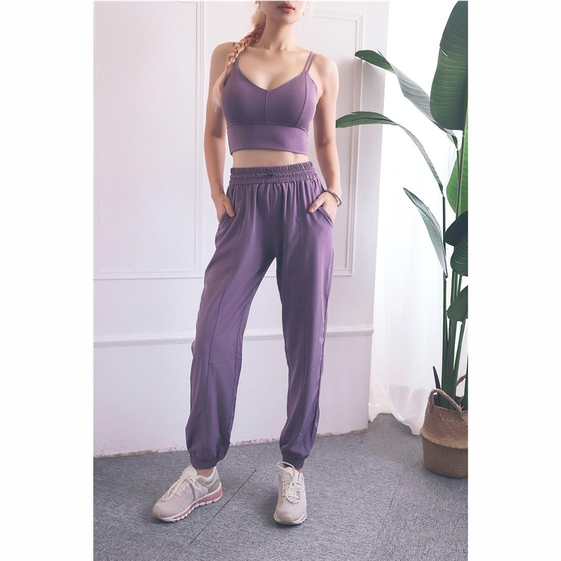 High Waist Drawstring Fitness Pants Black Size L - Smoke Purple L 12