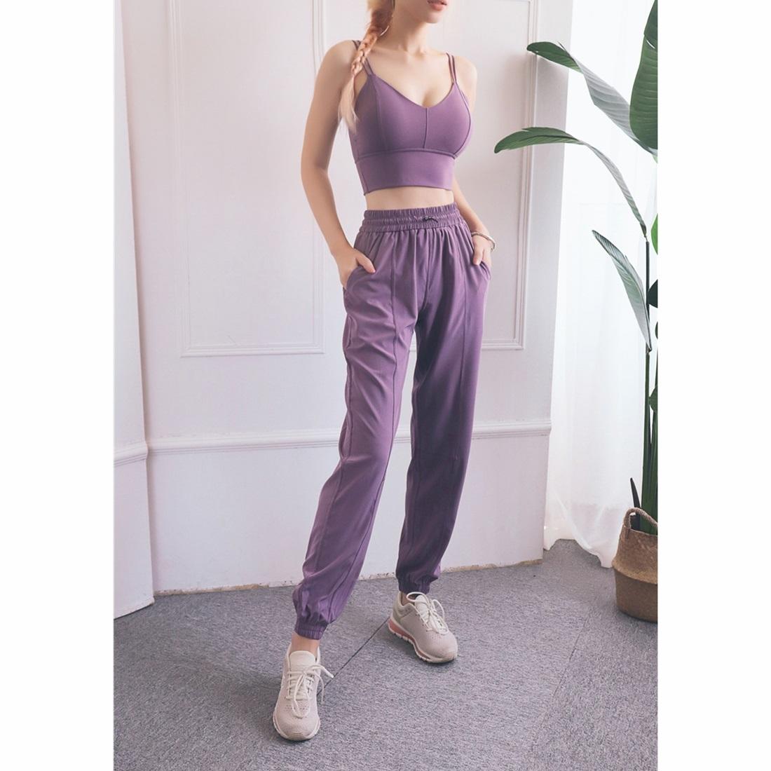 High Waist Drawstring Fitness Pants Black Size L - Smoke Purple L 13