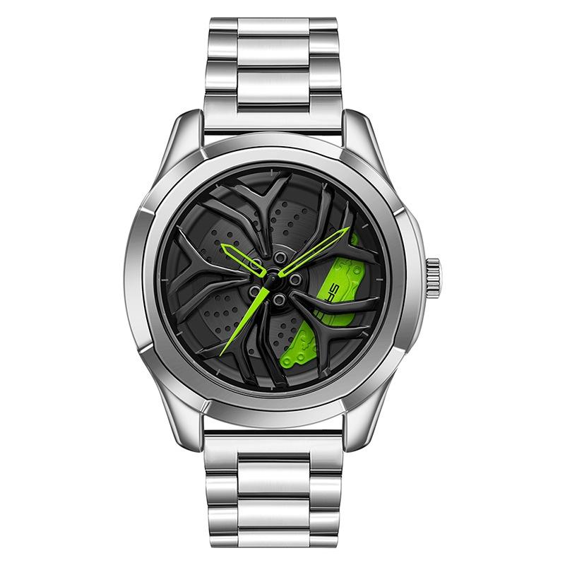 Men Casual Steel Band Quartz Watch - P1065 Wheel Series - Silver Green