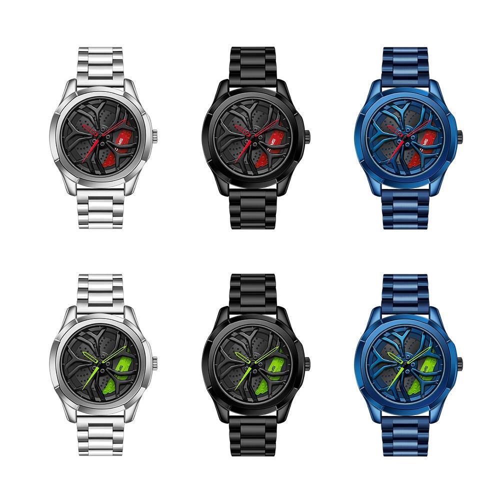 Men Casual Steel Band Quartz Watch - P1065 Wheel Series - Silver Green 4