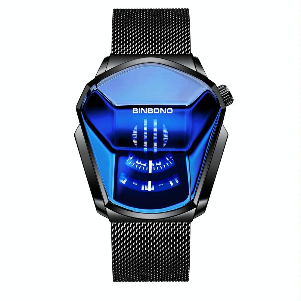 Black Technology Men Watch with Locomotive Concept - White Net Belt-White Steel-White Face