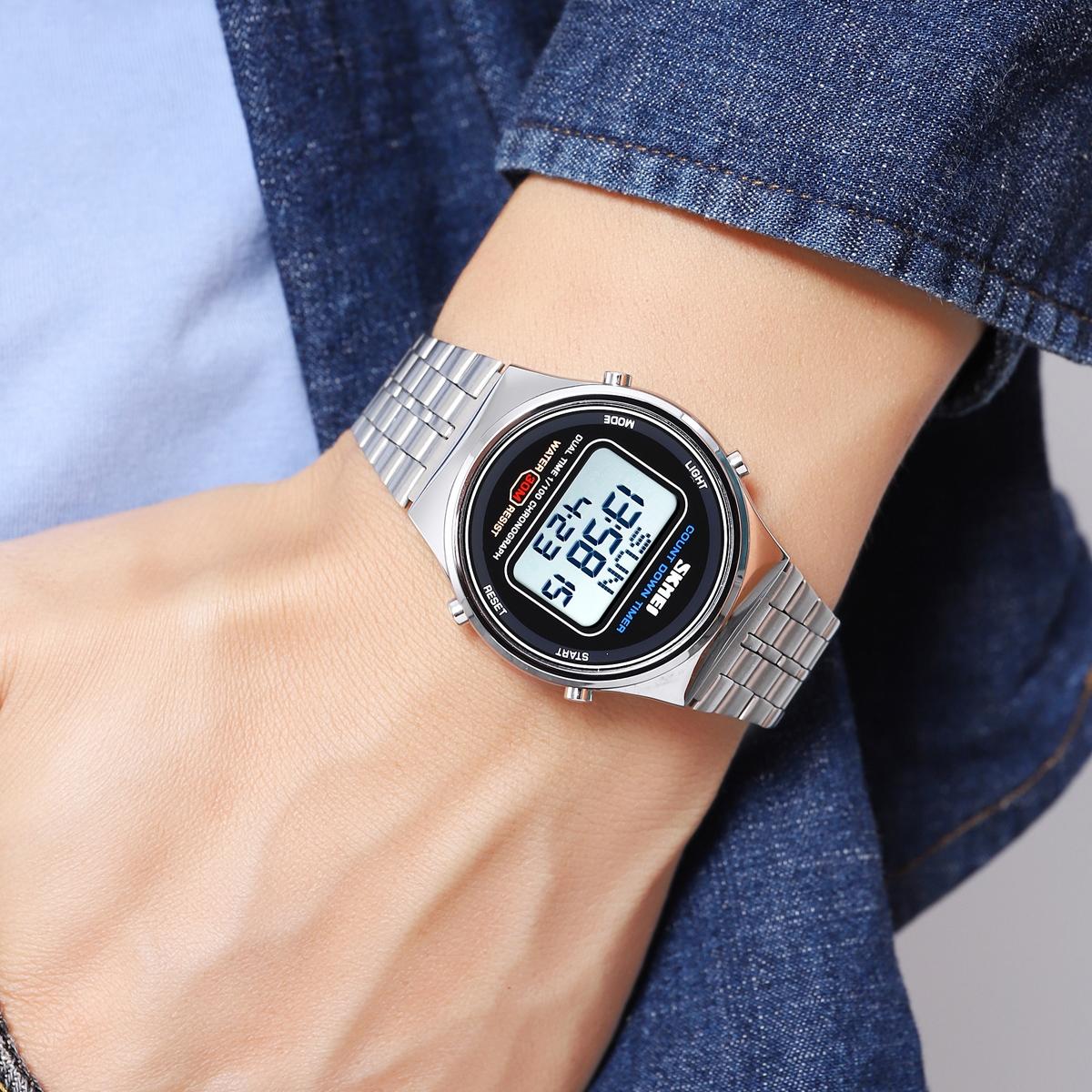Waterproof Multifunctional Men Digital Watch - Luminous Stainless Steel - 30m - Silver Black 9