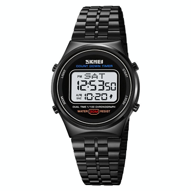Waterproof Multifunctional Men Digital Watch - Luminous Stainless Steel - 30m - Silver Black 14