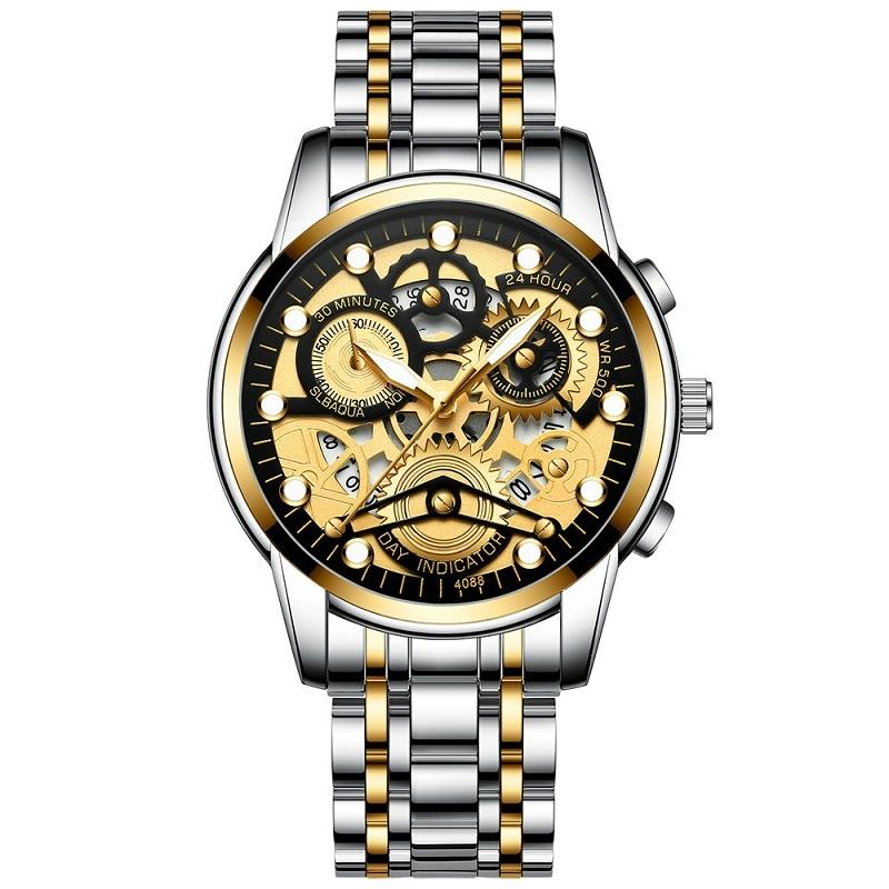 Waterproof Luminous Men Quartz Watch - Hollow Design - Gold Black Surface