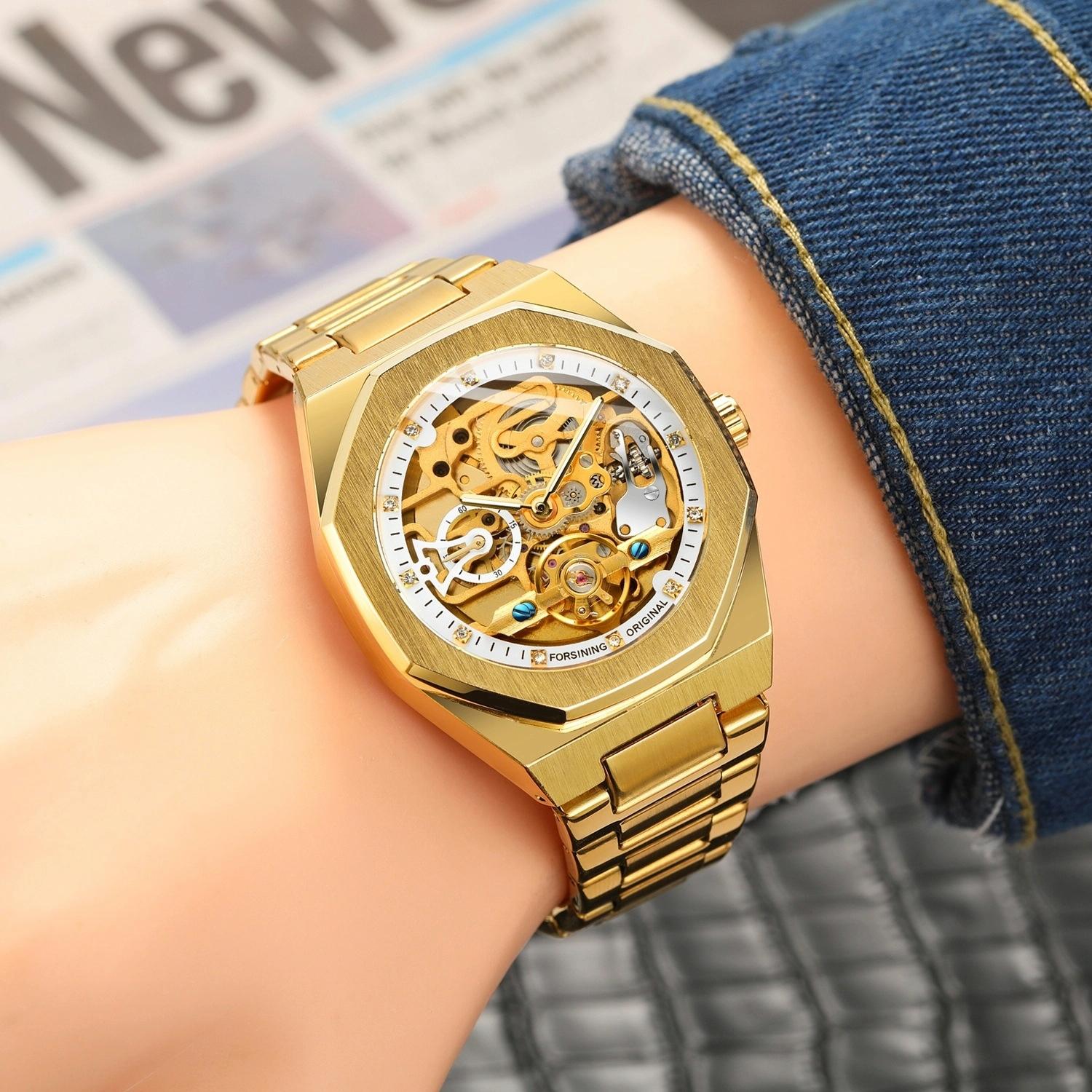 Men Automatic Mechanical Watch with Luminous Dial and Steel Band - Blue Belt Blue Face 9