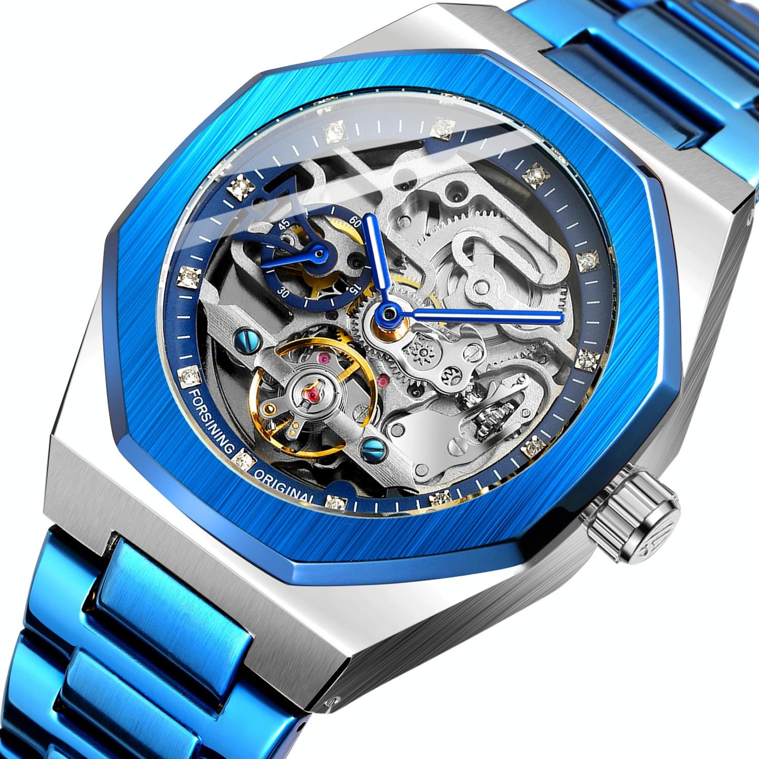 Men Automatic Mechanical Watch with Luminous Dial and Steel Band - Blue Belt Blue Face 13