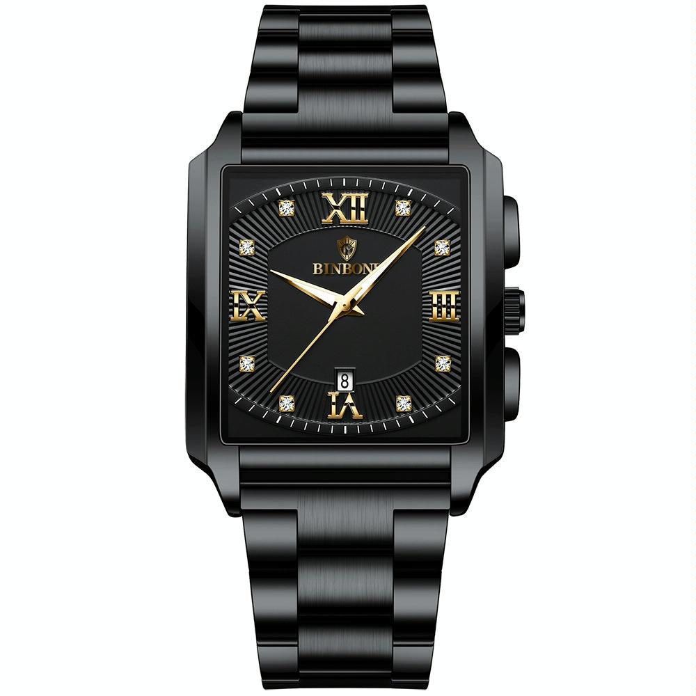 Waterproof Men Quartz Watch - Rectangular Outdoor Design - Black Steel-Gold