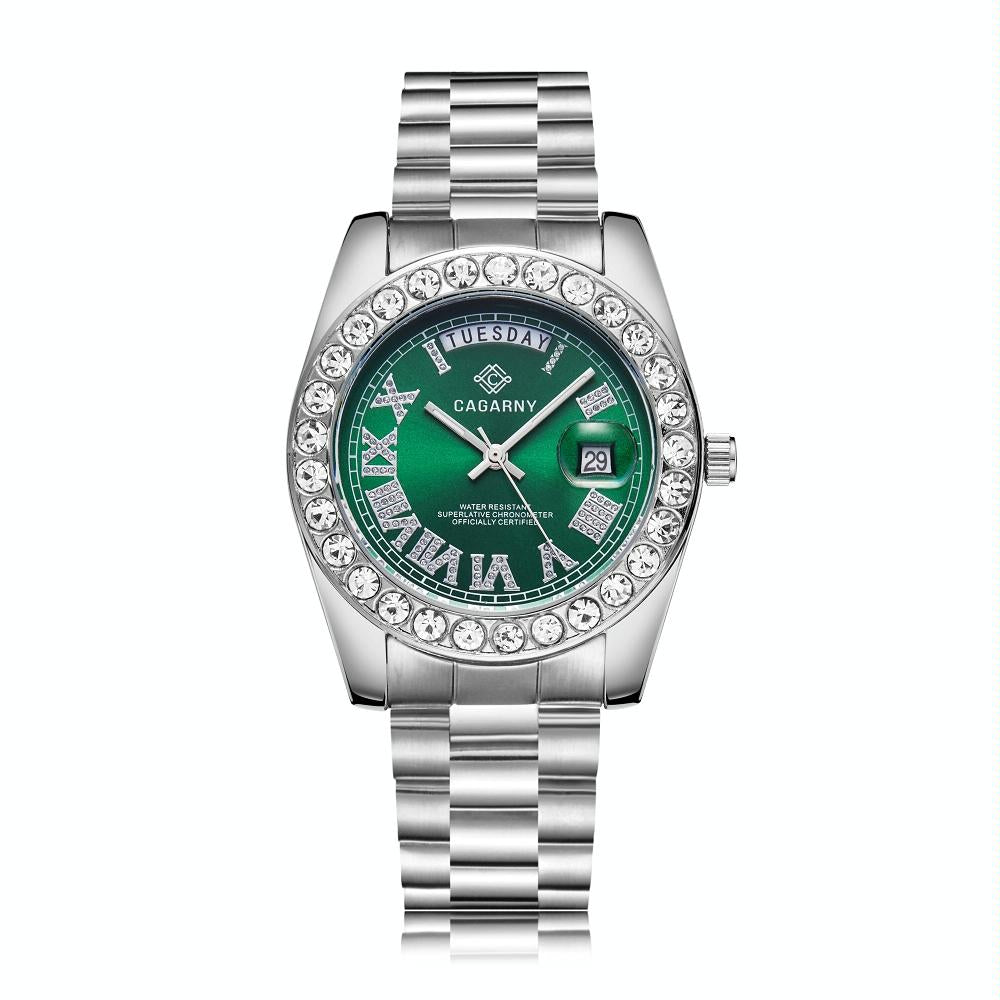 Men Quartz Watch with Diamond-encrusted Roman Numeral Dial - Silver Shell Red Dial 9